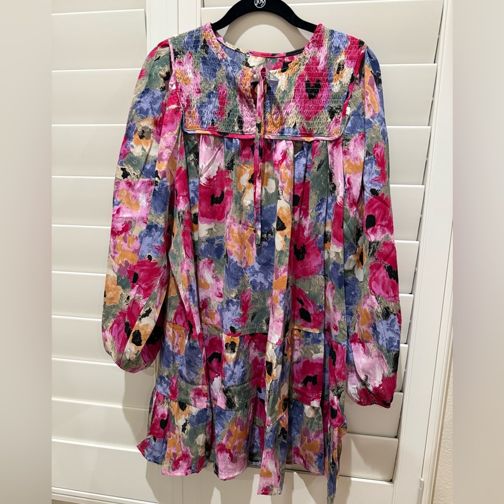 Vibrant Floral Long Bubble Sleeve Dress